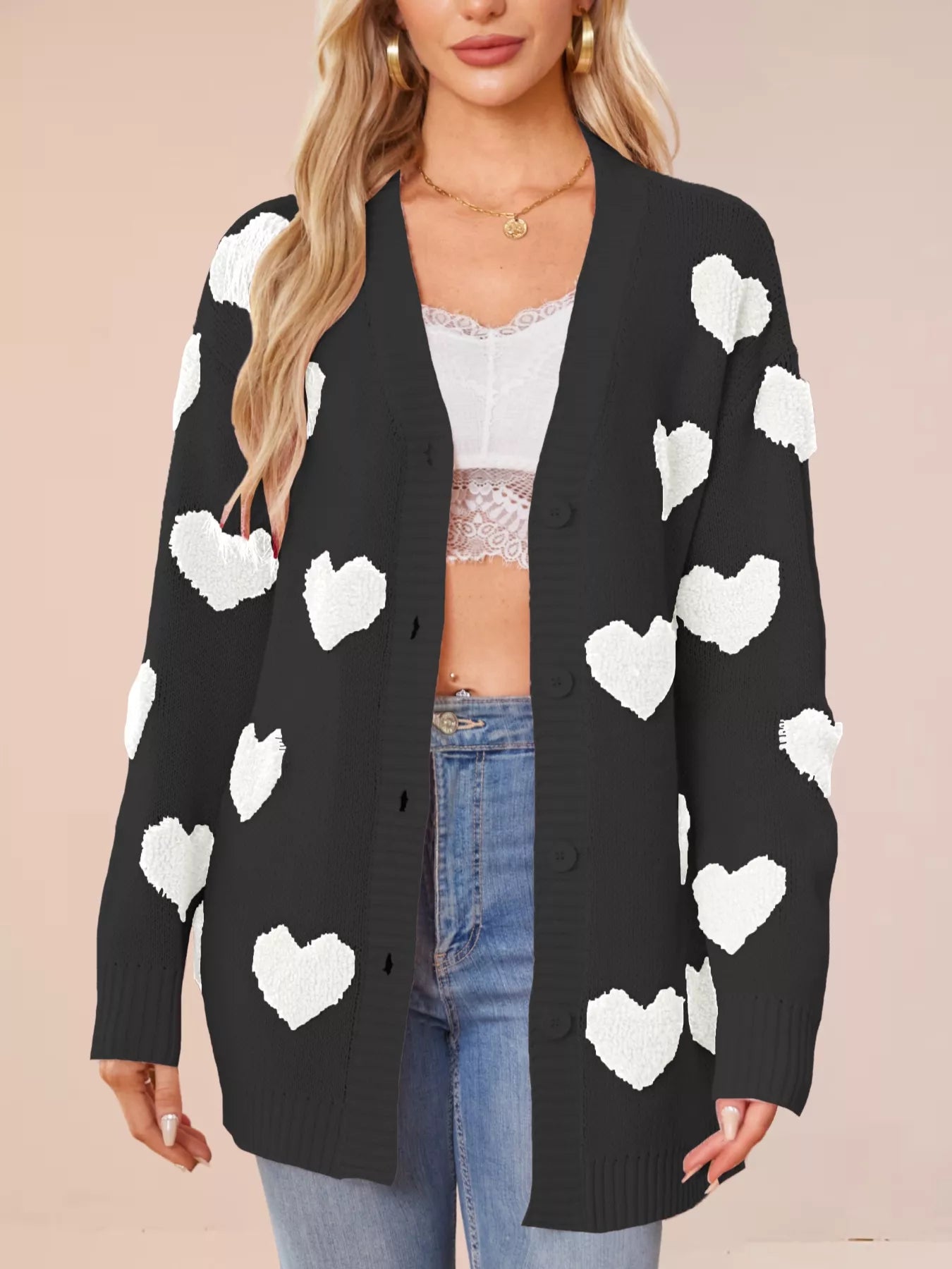 Sarah Express Women's Heart Pattern Knit Button-Up Cardigan Black