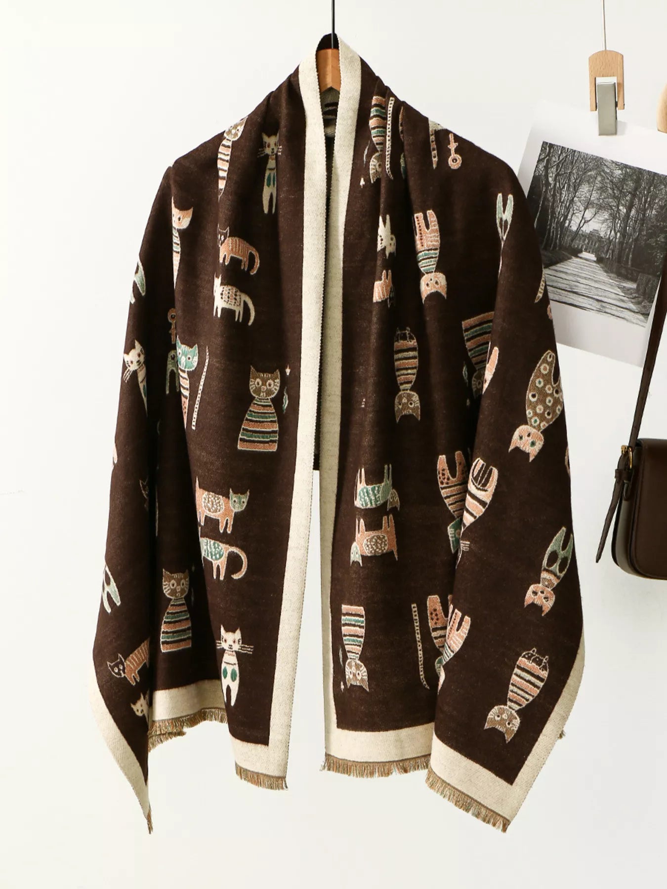 Sarah Express Women's Cute Cat Pattern Raw Hem Scarf