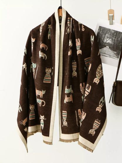 Sarah Express Women's Cute Cat Pattern Raw Hem Scarf