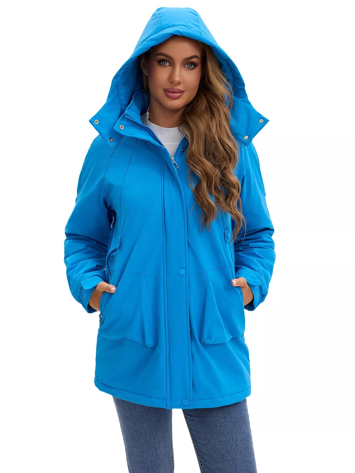 Sarah Express Women's Hooded Mid-Length Windproof Outerwear Plus Size Blue