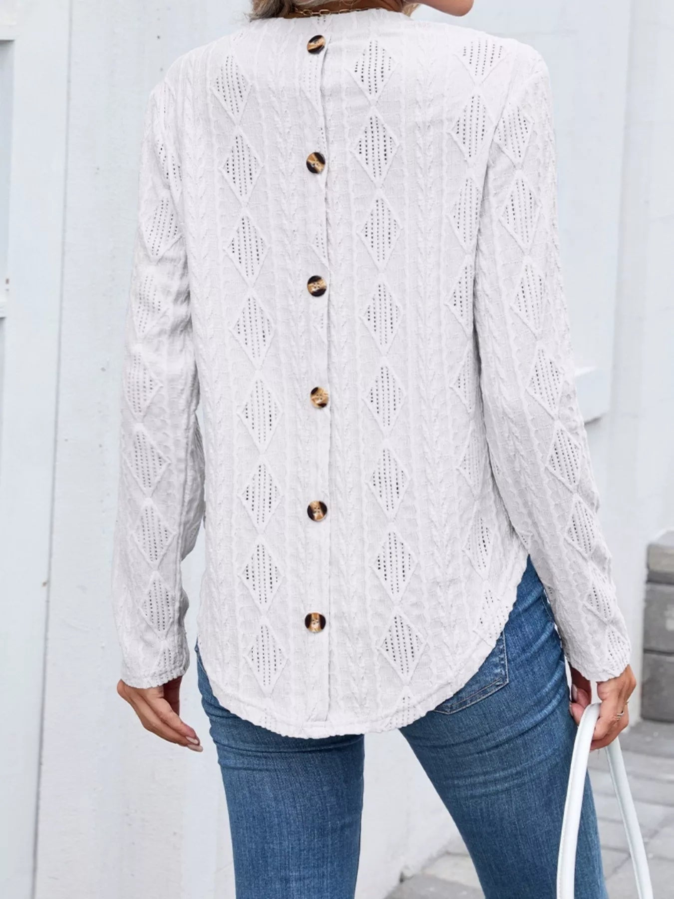 Sarah Express Women's Diamond Pattern Openwork Knit Long Sleeve Top