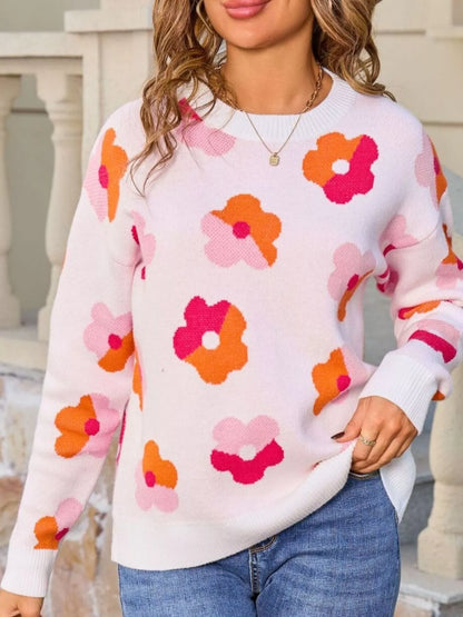 Sarah Express Women's Floral Crew Neck Long Sleeve Sweater