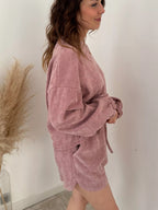 Sarah Express Women's Round Neck Dropped Shoulder Top and Drawstring Shorts Set