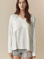 Sarah Express Women's Eyelet Embroidered Loose V Neck Long Sleeve Top White