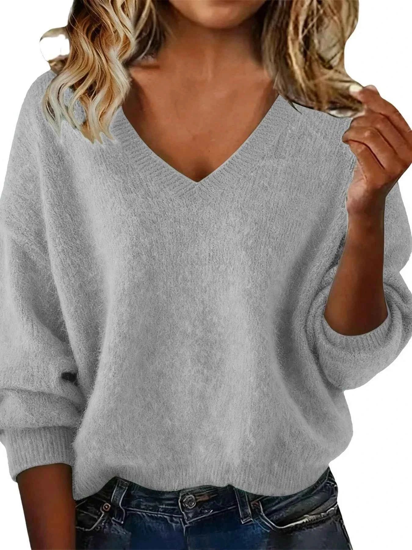 Sarah Express Women's V-Neck Dropped Shoulder Sweater - Plus Size Gray