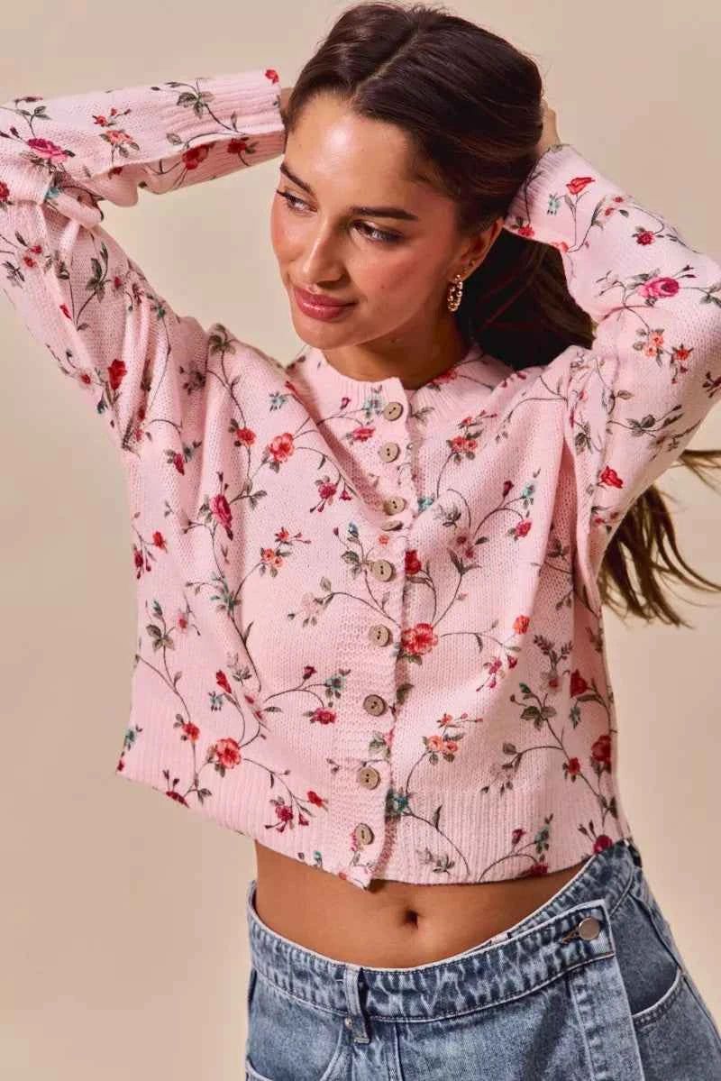 Sarah Express Women's Floral Print Button Front Cardigan Sweater Top