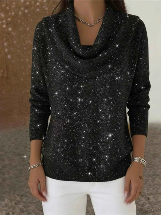 Sarah Express Women's Glitter Cowl Neck Long Sleeve Sweater Plus Size Black