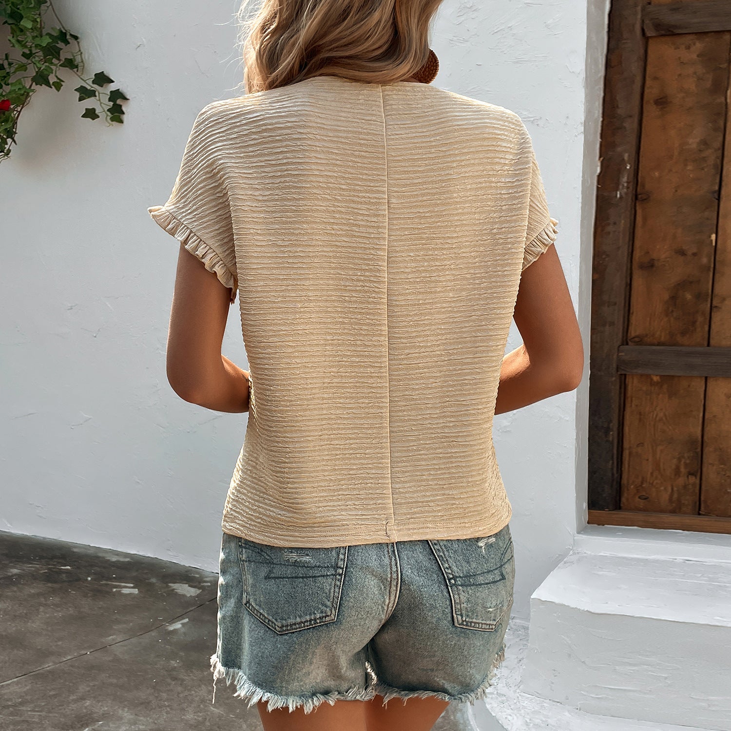 Sarah Express Women's Ruffle Sleeve Knit Top Round Neck Short Sleeve