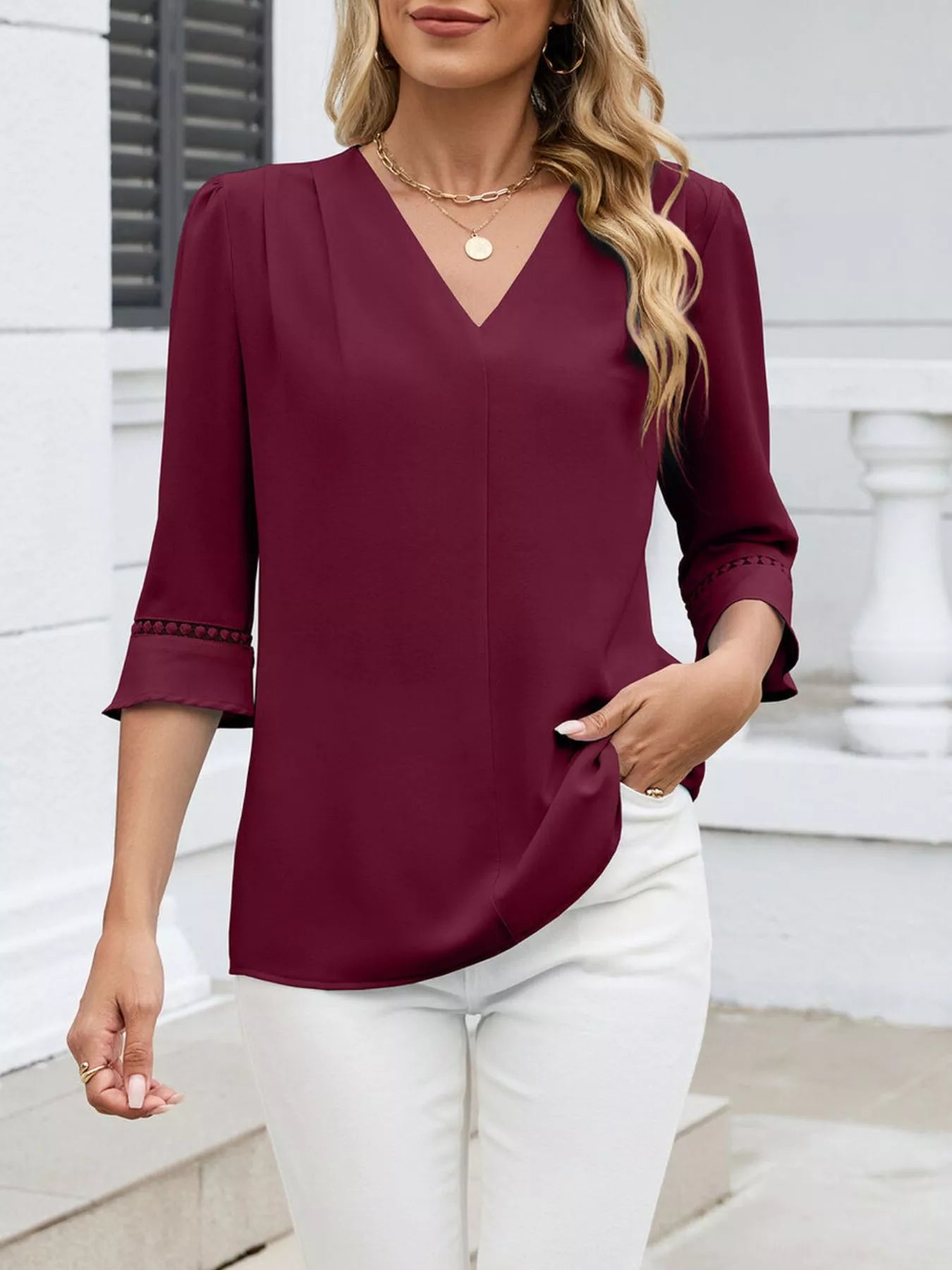 Sarah Express Women's V-Neck 3/4 Sleeve Blouse with Lace Detail