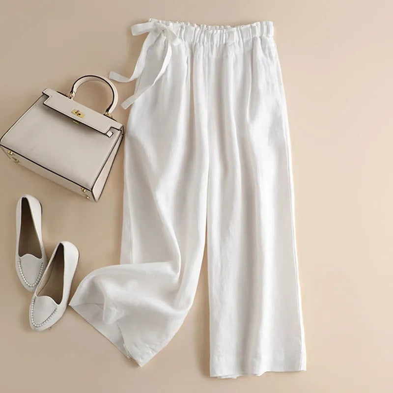 Sarah Express High Waist Lace-Up Cropped Pants Women's Elastic Waist Retro Cotton Casual Bottoms