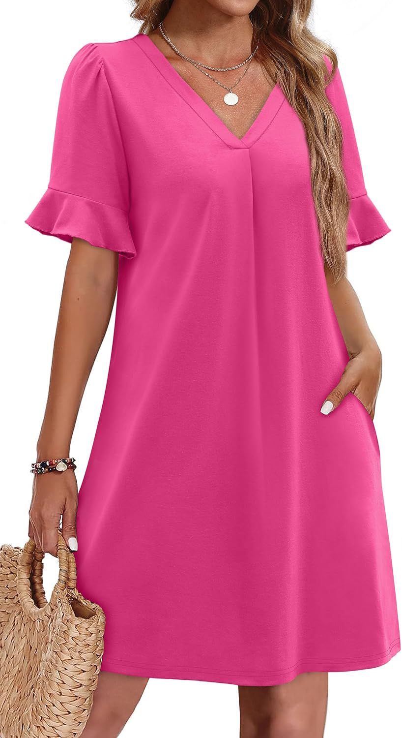 Sarah Express Women's V-Neck Ruffled A-Line Dress with Pockets Vacation Casual Short Sleeve