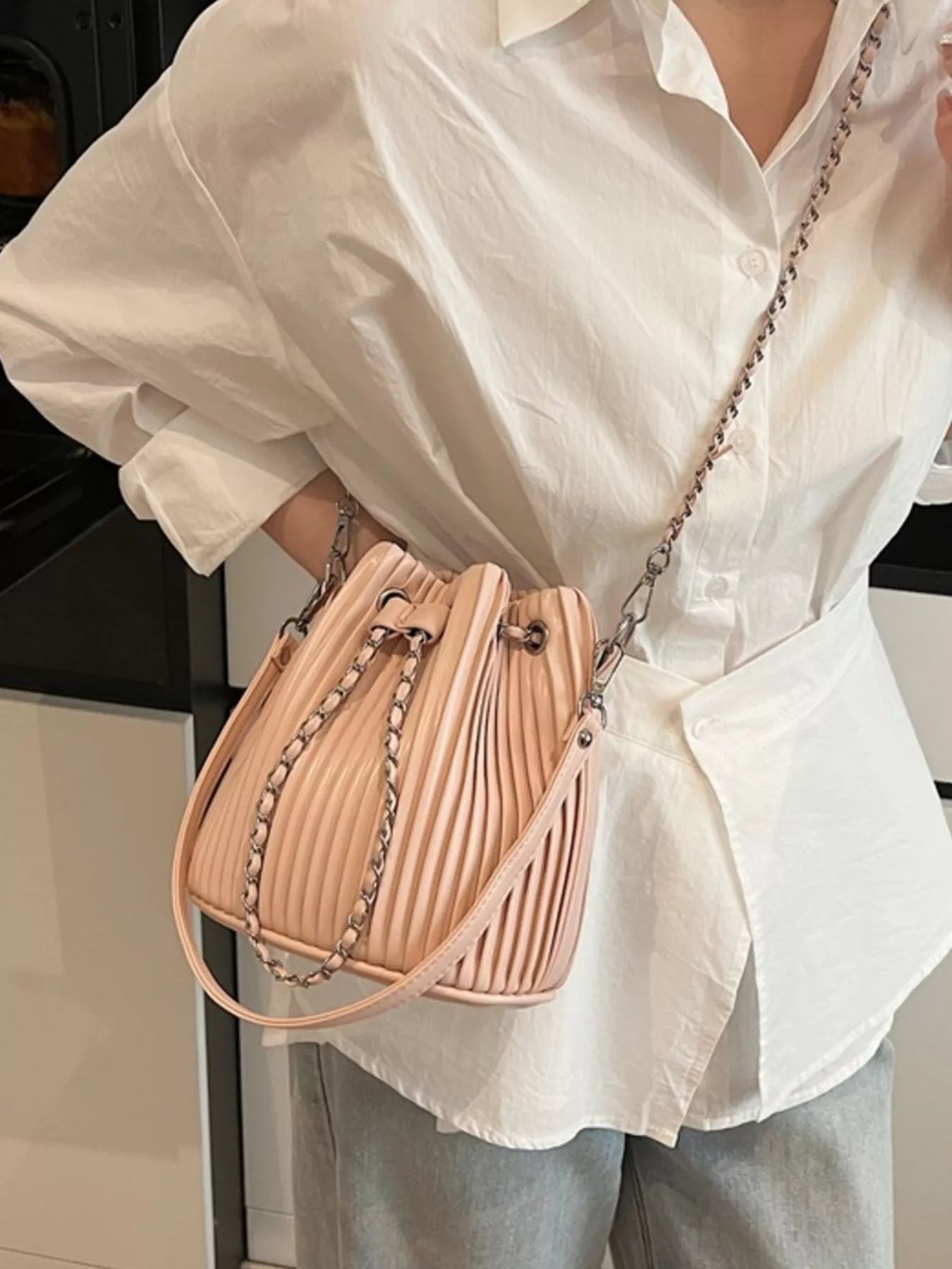 Sarah Express Pleated Bucket Crossbody Bag - Vegan Leather Shoulder Bag