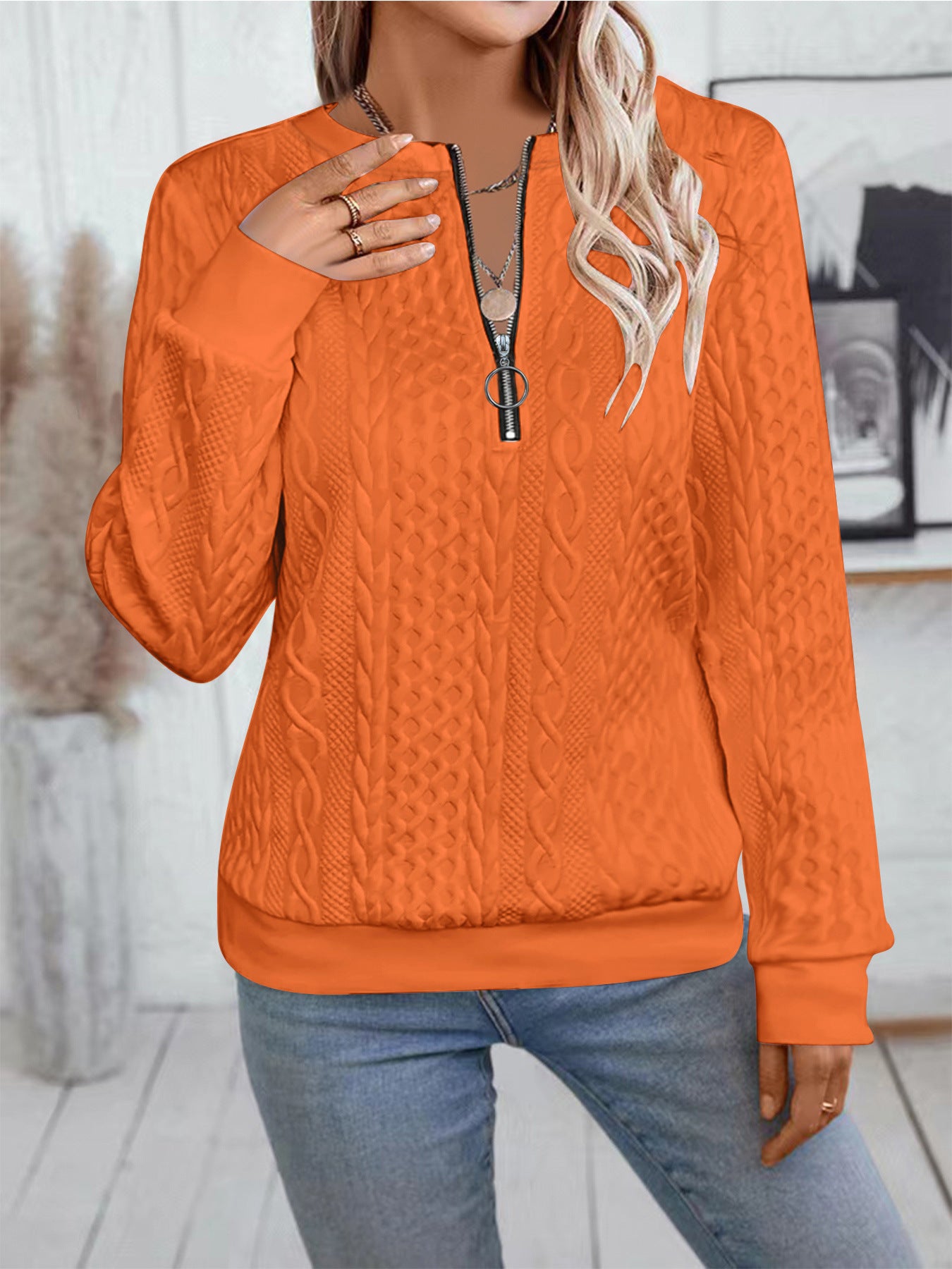 Sarah Express Women's Zipper Detail Long Sleeve Sweater Casual Loose Fit Pullover Top