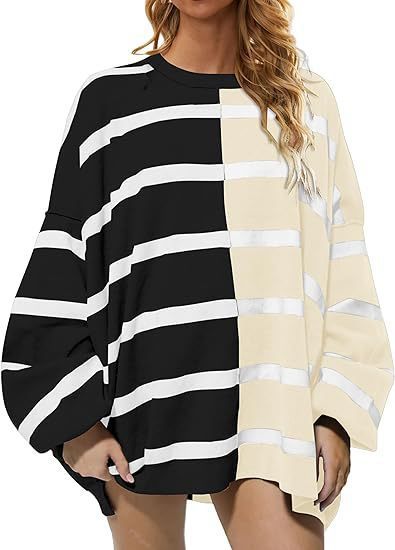 Sarah Express Women's Striped Knit Sweater Long Sleeve Pullover Loose Fit Acrylic