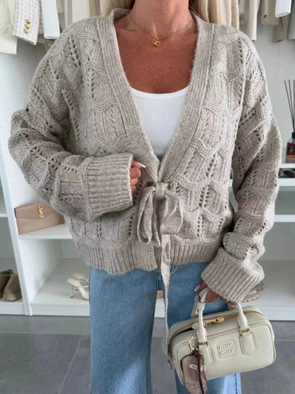 Sarah Express Women's Tie-Front Openwork Cardigan - Lightweight Knit Sweater Khaki