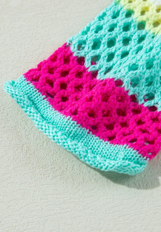 Sarah Express Women's Openwork Contrast Striped Round Neck Knit Top