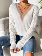 Sarah Express Women's V-Neck Hollow Knit Sweater - Openwork Design