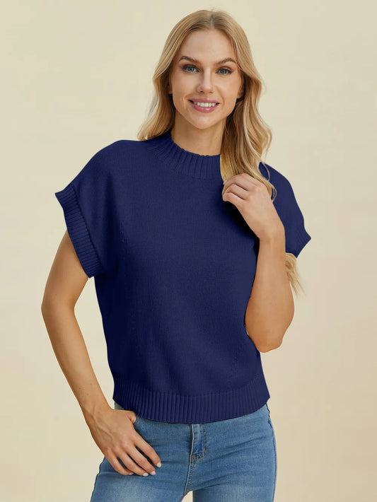 Sarah Express Women's Mock Neck Short Sleeve Sweater Navy