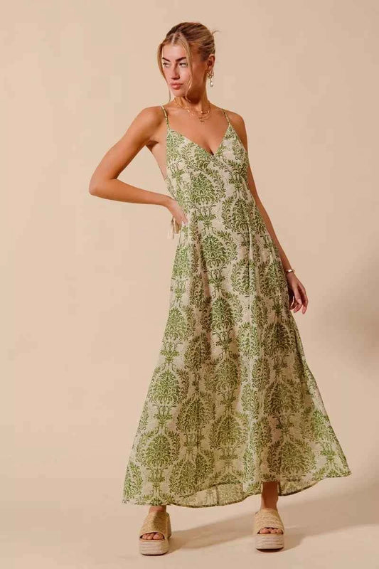 Sarah Express Women's Damask Floral Maxi Dress - Open Back Summer Flowy Dress SAGE GREEN