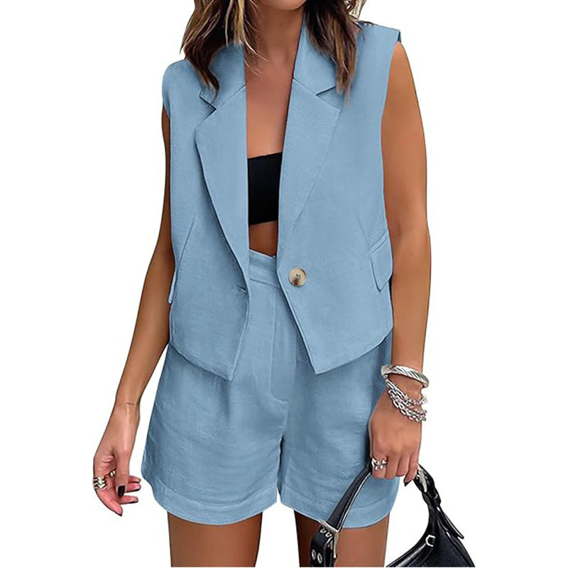 Sarah Express Sleeveless Button Vest High-Waist Shorts Two-Piece Set