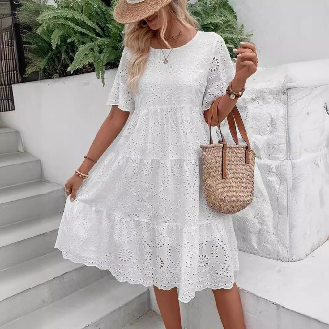 Sarah Express Women's Embroidered Floral Maxi Dress Ruffle Sleeve A-Line White Cotton Blend
