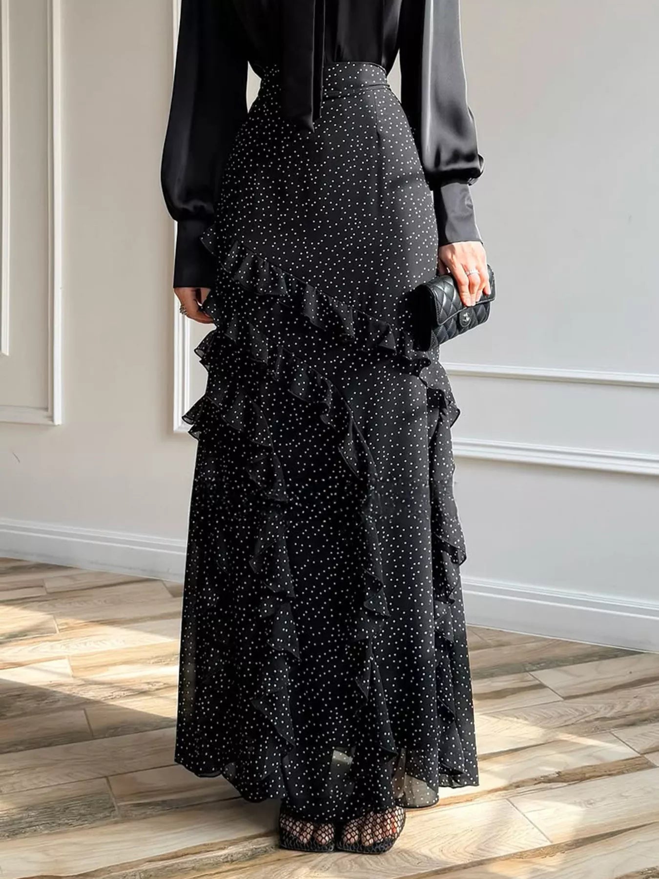 Sarah Express Women's Ruffled Polka Dot Maxi Skirt Black