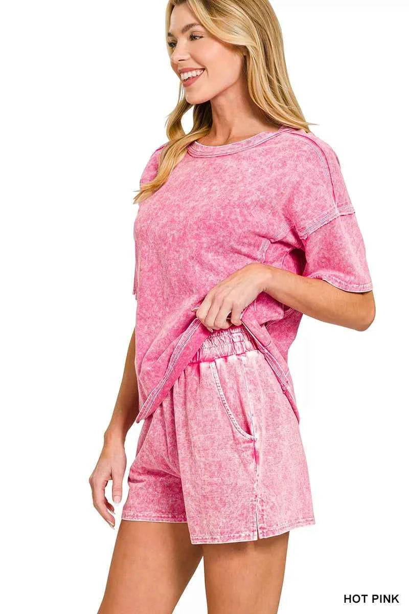 Sarah Express Women's Snow Washed Tee and Shorts Set - Casual Matching Lounge Set