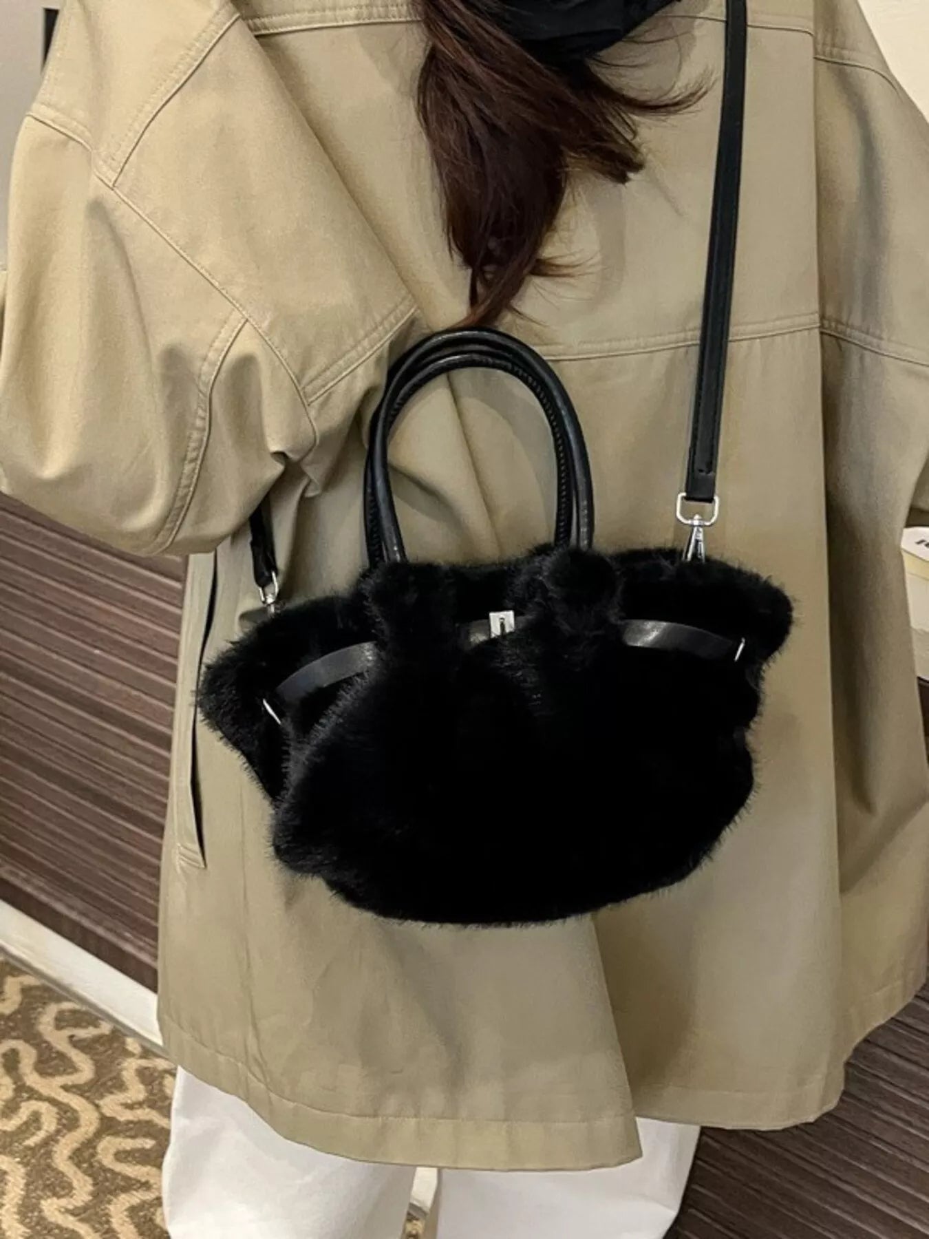 Sarah Express Women's Fluffy Crossbody Bag with Buckle Detail Black ONESIZE