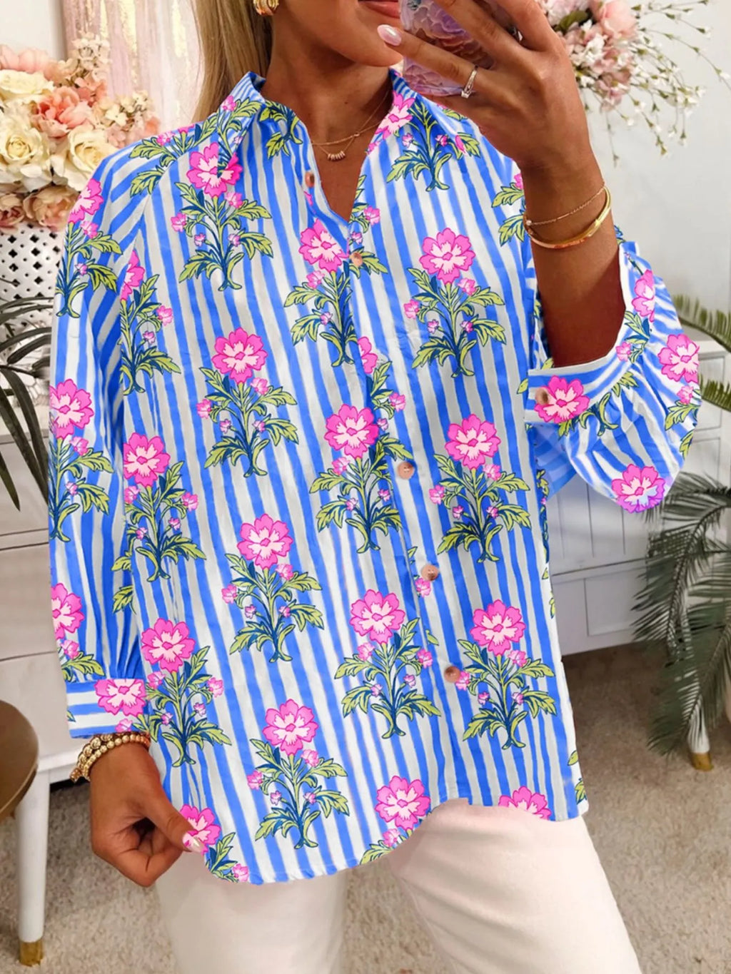 Sarah Express Women's Floral Striped Button-Down Shirt