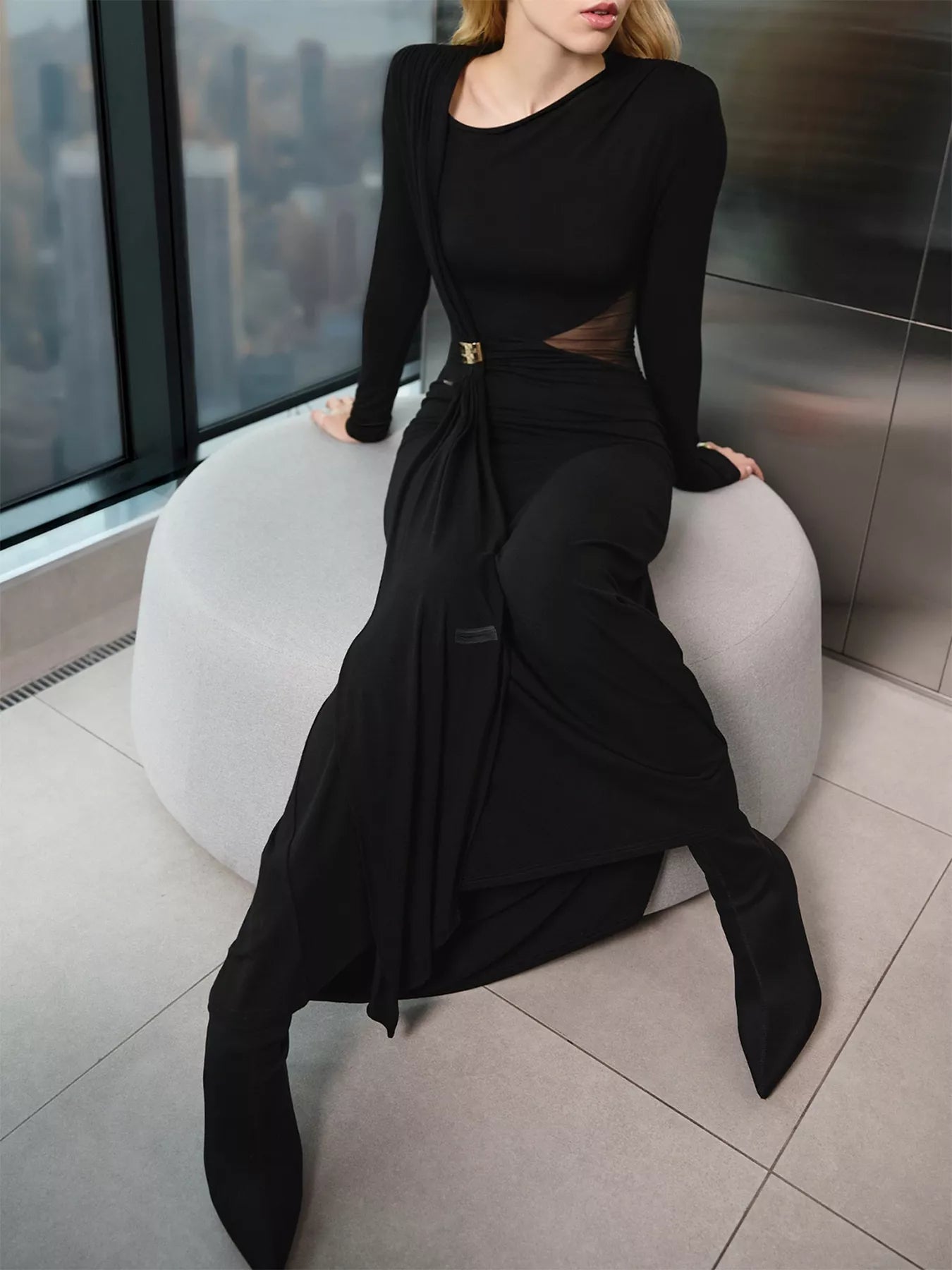 Sarah Express Women's Long Sleeve Maxi Dress with Sheer Panel