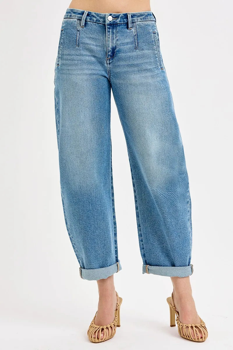 Sarah Express Women’s Plus Size Mid Rise Roll Up Barrel Jeans
