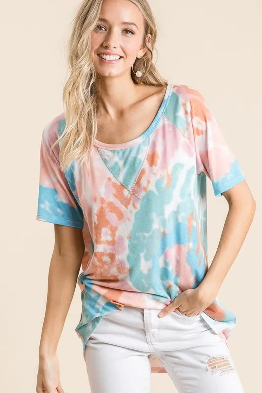 Sarah Express Women's Tie Dye Print Short Sleeve T-Shirt with Raglan Sleeves
