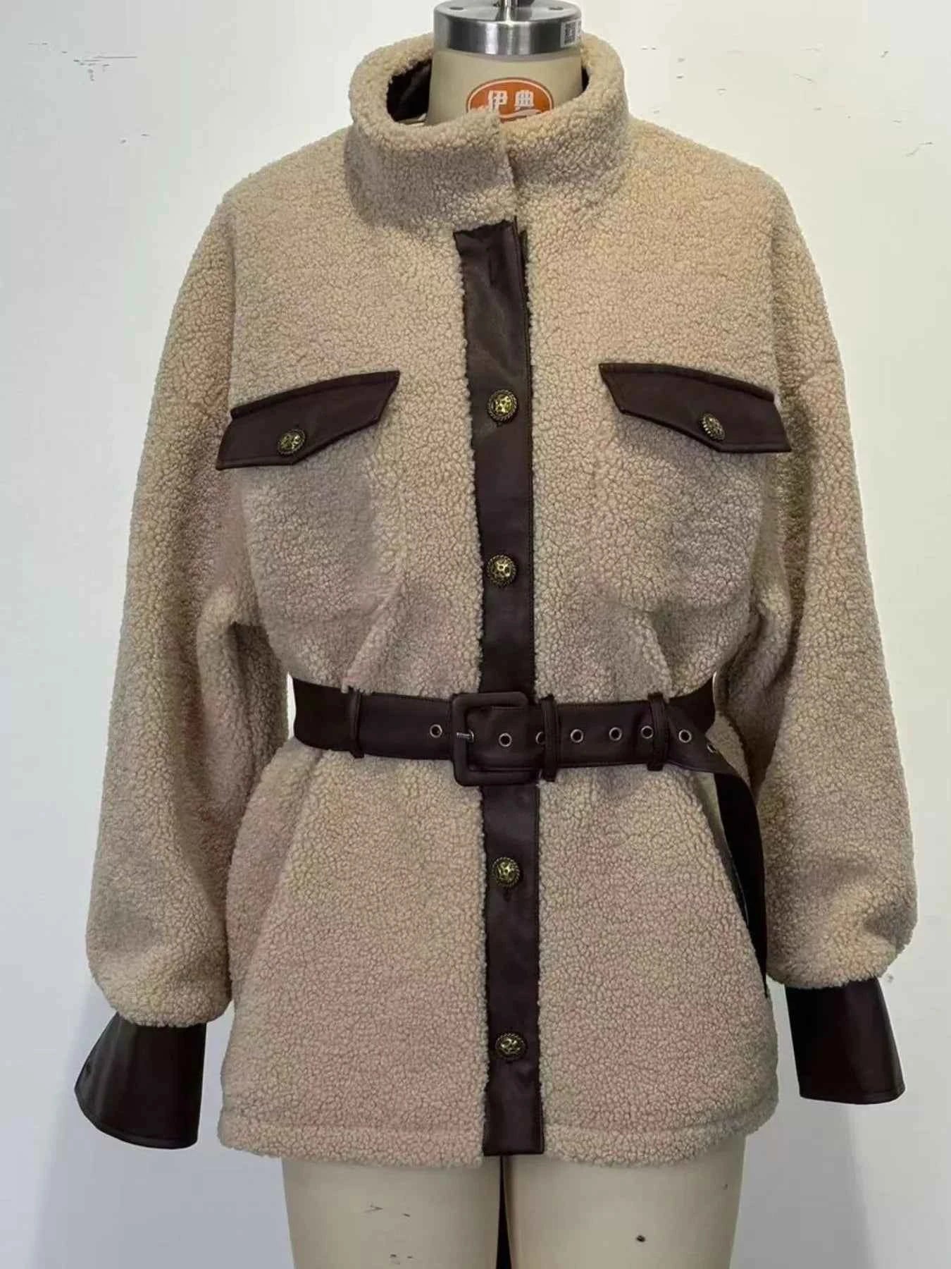 Sarah Express Women's Leather Trim Sherpa Jacket with Pockets - Belted Outerwear Coat