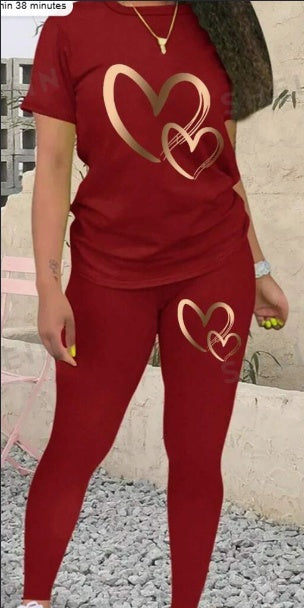 Sarah Express Women's Heart Print T-Shirt Leggings Matching Set Short Sleeve
