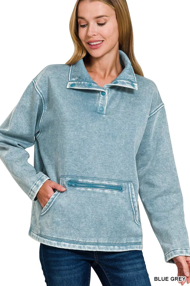 Trendsi Women's Fleece Washed High Neck Kangaroo Pocket Sweatshirt
