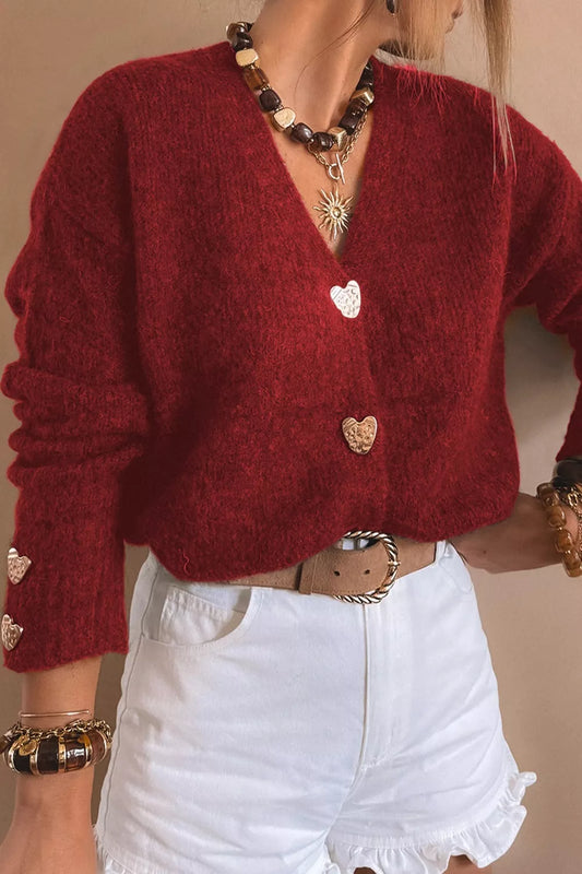 Sarah Express Women's Heart Button Fuzzy Knit Cardigan Burgundy
