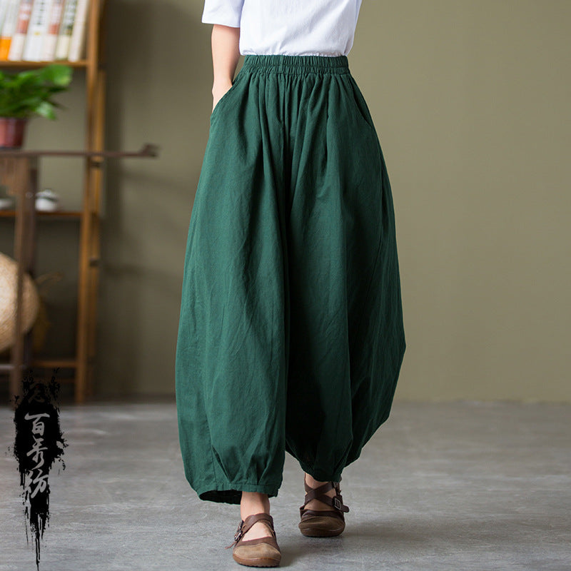 Sarah Express Women's Sand Washed Cotton Linen Bloomers Mid Waist Cropped Loose Pants