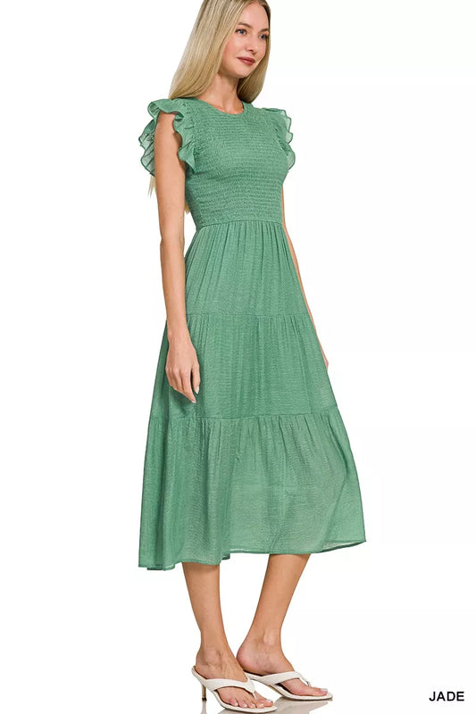 Sarah Express Women's Woven Smocked Ruffle Sleeve Midi Dress