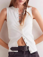 Sarah Express Women's Snap Down Round Neck Ribbed Slim Tank Vest