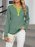 Sarah Express Women's Striped Long Sleeve Henley T-Shirt - Button Front Casual Top