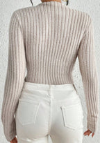 Sarah Express Ribbed Mock Neck Bodysuit Women's Long Sleeve Knit Jumpsuit Slim Fit Top