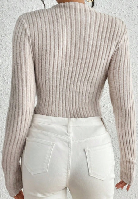 Sarah Express Ribbed Mock Neck Bodysuit Women's Long Sleeve Knit Jumpsuit Slim Fit Top