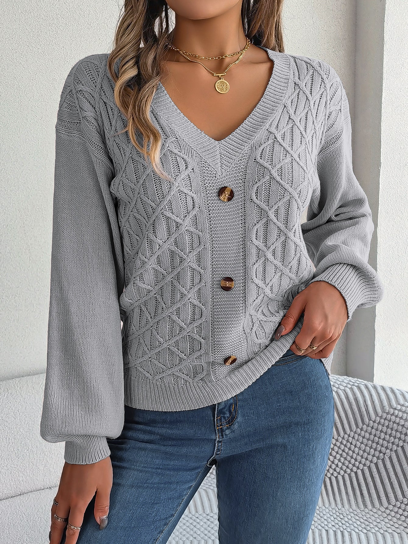Sarah Express Women's Cable Knit Pullover Sweater with Button Detail and Lantern Sleeves Gray