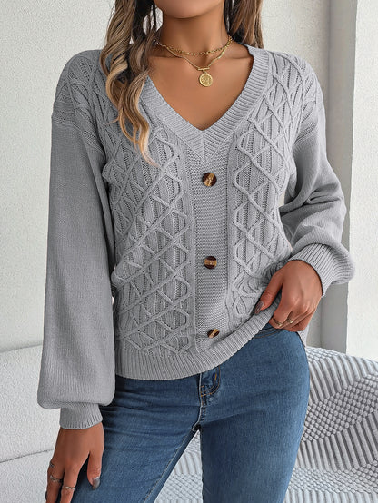 Sarah Express Women's Cable Knit Pullover Sweater with Button Detail and Lantern Sleeves Gray