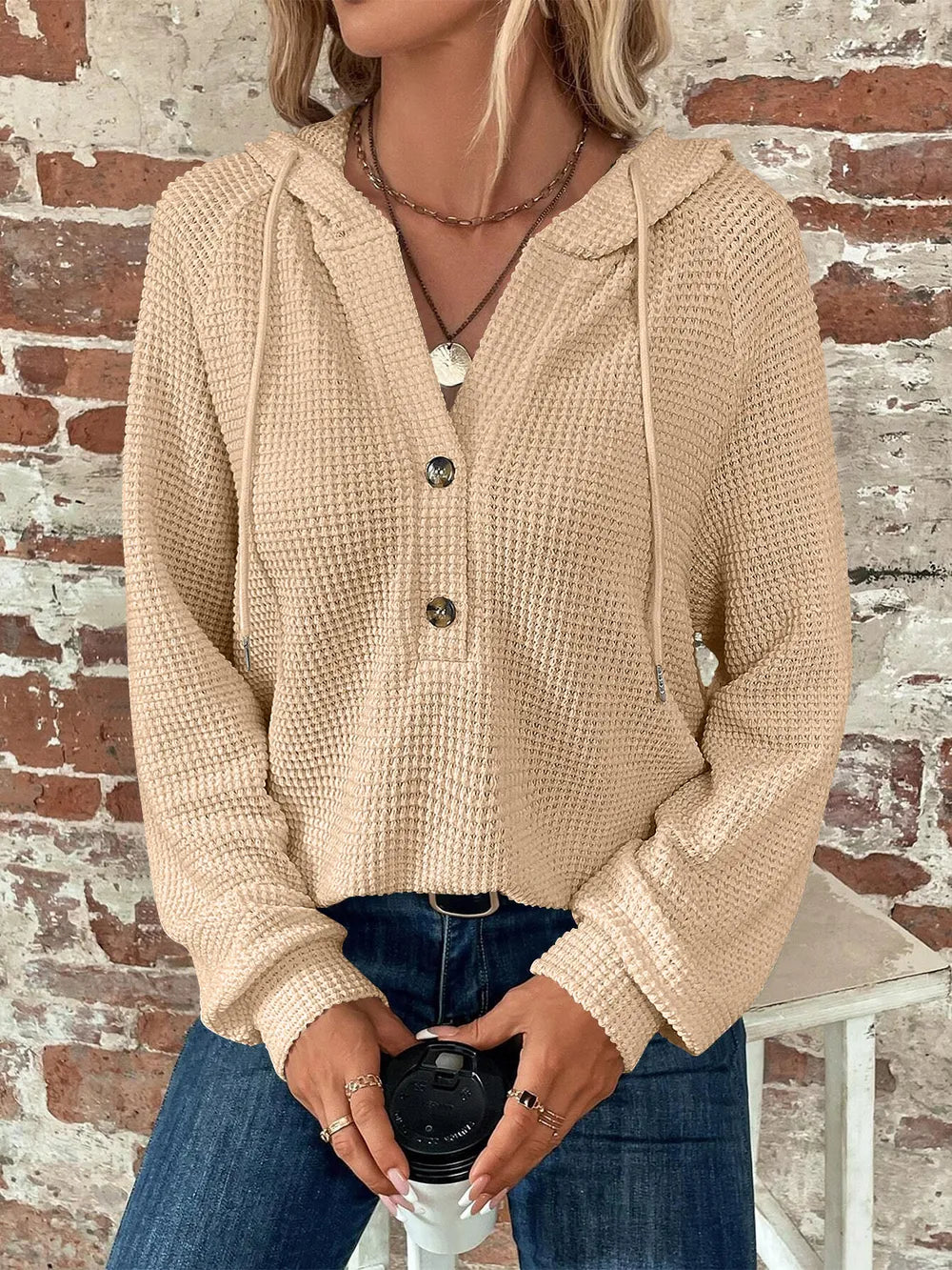 Sarah Express Women's Waffle Knit Long Sleeve Drawstring Hooded Top