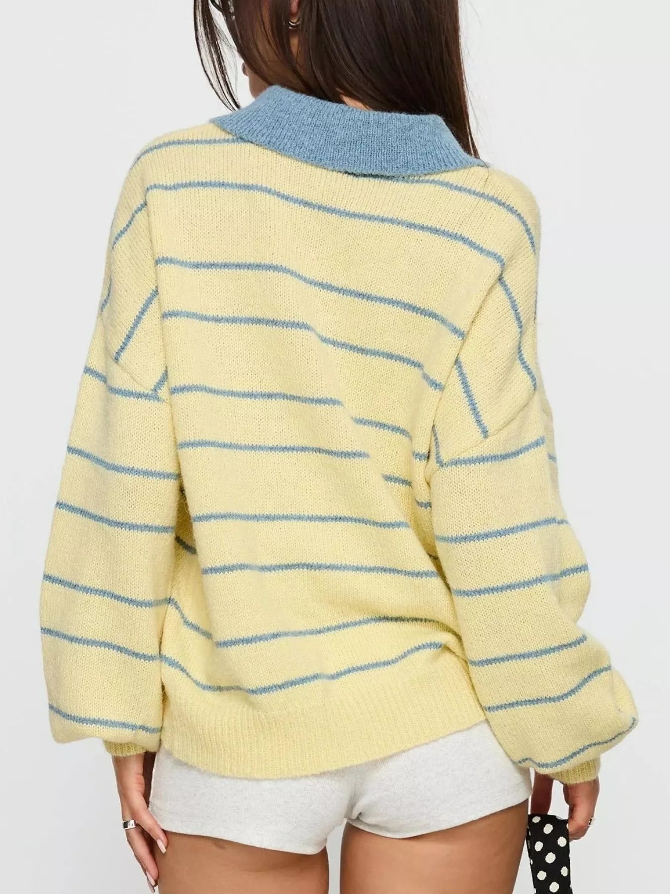 Sarah Express Women's Striped Polo Collar Long Sleeve Sweater