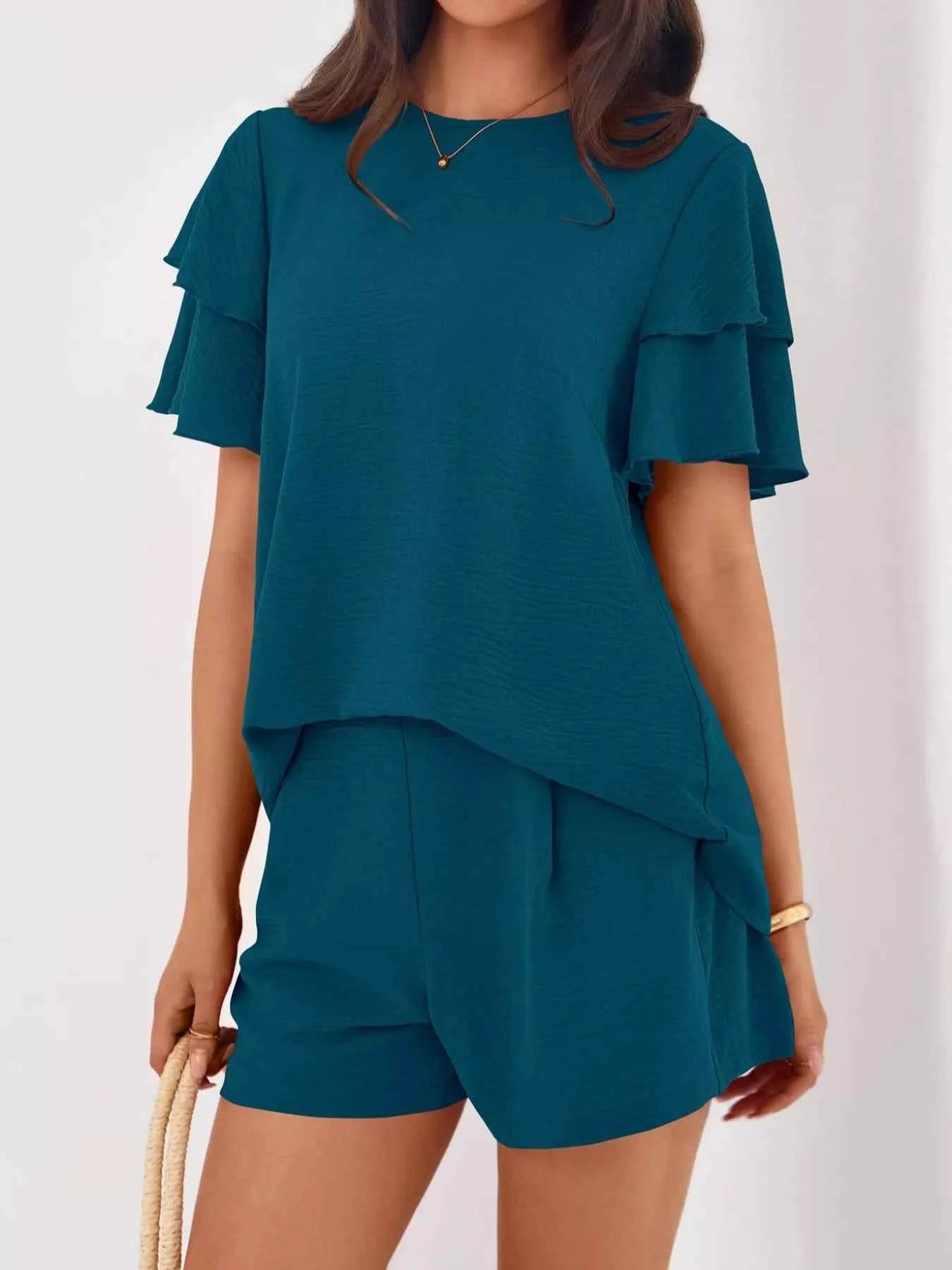 Sarah Express Women's Ruffle Sleeve Top and Shorts Two-Piece Set - Casual Summer Outfit