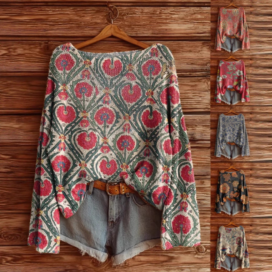 Sarah Express Women's Floral Printed Long Sleeve Pullover Top Brushed Loose Fit