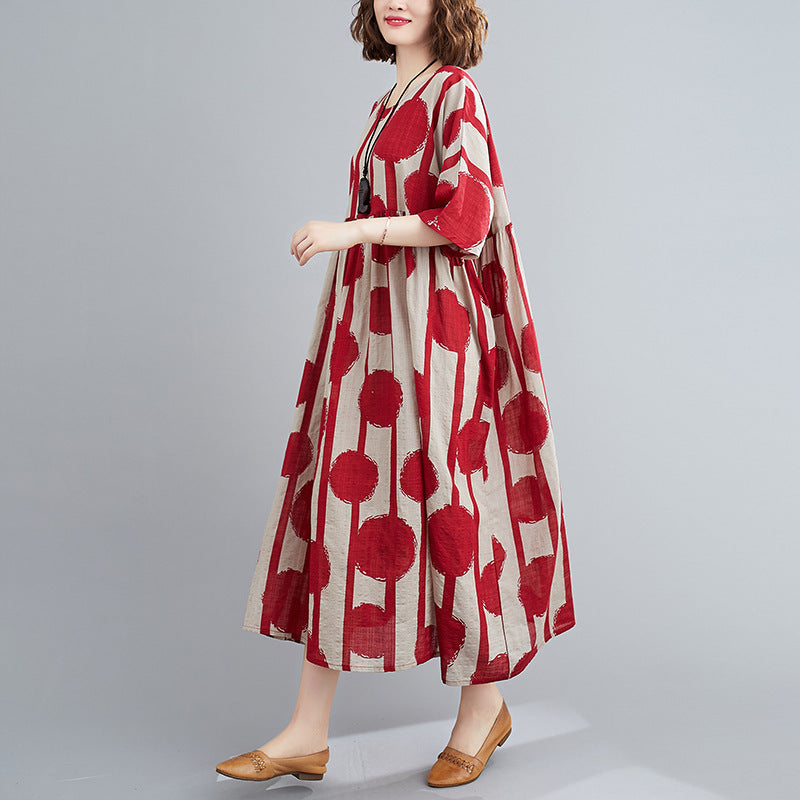 Sarah Express Printed Cotton Blend Short Sleeve Dress Loose Fit One Size
