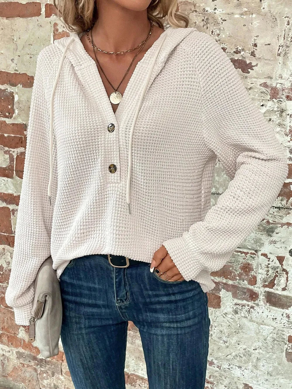 Sarah Express Women's Waffle Knit Long Sleeve Drawstring Hooded Top